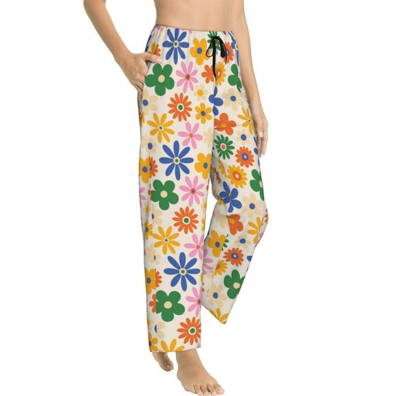 Picia Groovy Daisy Flowers Womens Soft Woven Cotton Elastic Waistband Sleep Pajama Pant Lounge Sleep Pant With Pockets And Drawstring-Large