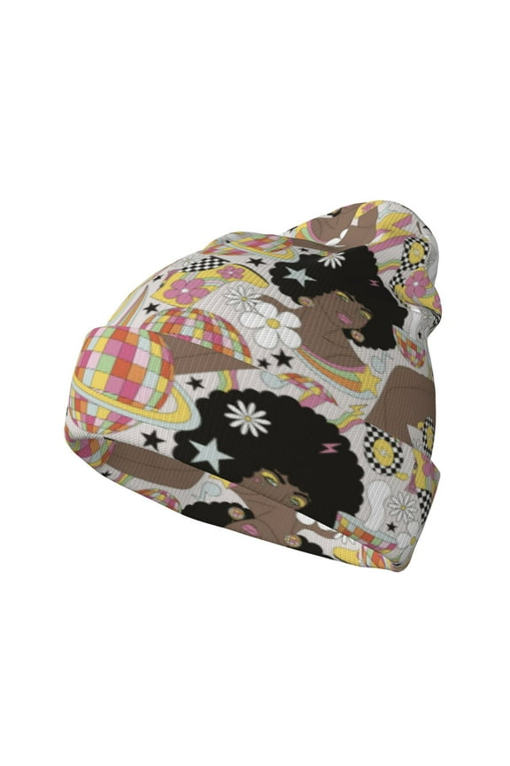 Groovy Disco Pattern Knitted Beanie Hat for Men and Women , Unisex Winter Warm Stretchy Knit Cap Thick Fisherman Beanies Cuffed Plain Skull Caps