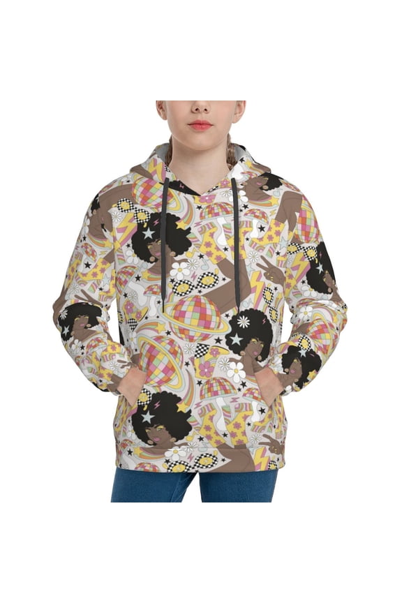 Groovy Disco Pattern Youth Hoodie - Warm Pullover Sweatshirt with Kangaroo Pocket, Ideal for Boys and Girls-Medium