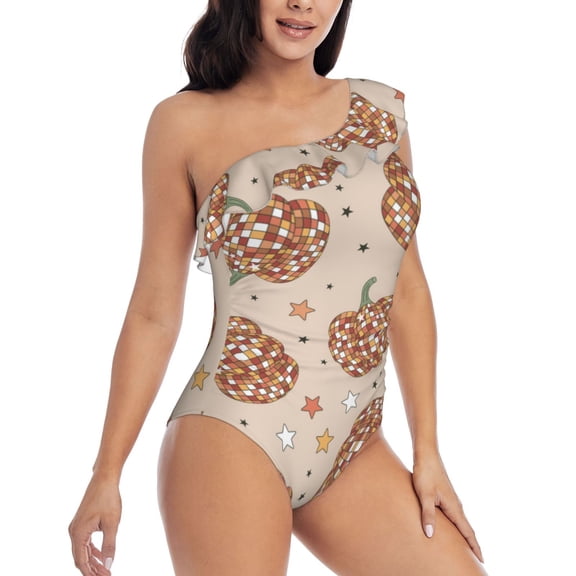 Picia Groovy Disco Pumpkin Pattern Women's One Piece Swimsuits,One Shoulder Swimwear Asymmetric ,Ruffle Monokinis Bathing Suits,High Waisted Flattering Bathing Suits-Small