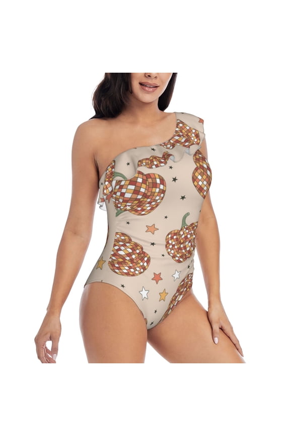 Groovy Disco Pumpkin Pattern Women's One Piece Swimsuits,One Shoulder Swimwear Asymmetric ,Ruffle Monokinis Bathing Suits,High Waisted Flattering Bathing Suits-X-Large