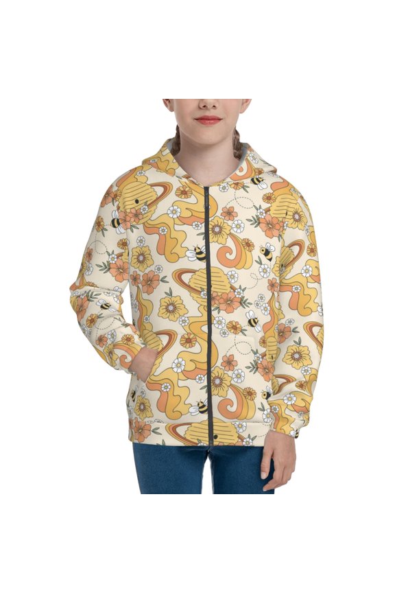 Groovy Floral for Boys Fashion Full-zip Hoodies & Sweatshirts with Kangaroo Pocket,Zip-up Hooded Sweatshirt for Kid, Moisture Wicking & Breathable-Small