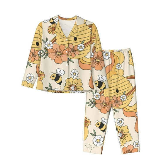 Picia Groovy Floral Pattern Women’s Long-Sleeve Sleepwear Set - Soft 2-Piece Loungewear with Pockets, Comfy PJs for Relaxing Nights-Small