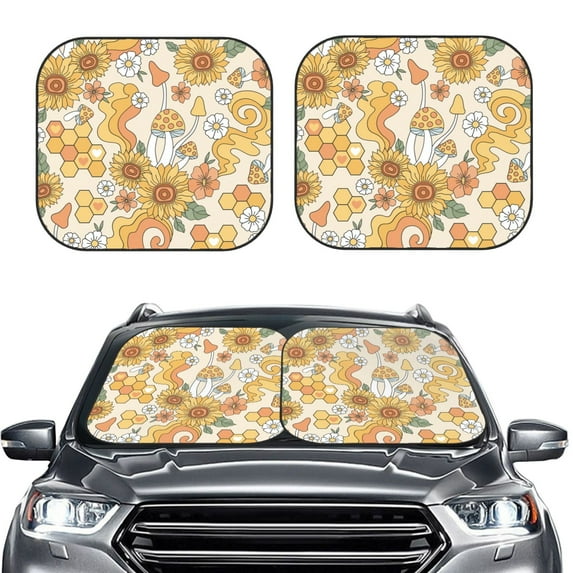 Picia Groovy Hippie Flower Mushrooms 2 Piece Car Windshield Sun Shade Foldable | Foldable Sun Shield for Front Window Blocks UV Rays and Keeps Your Vehicle Cool-