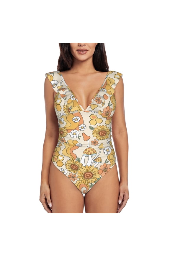Groovy Hippie Flower Mushrooms Blooming Jelly Womens Tummy Control Bathing Suits Slimming Ruffle Swimsuit One Piece Lace Swimwear-