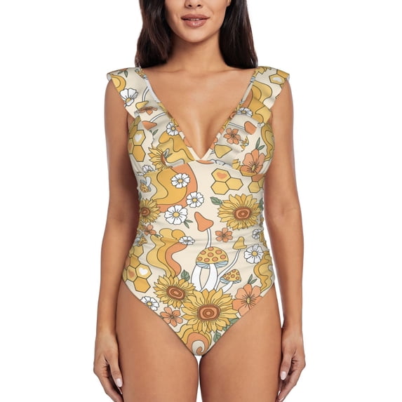 Picia Groovy Hippie Flower Mushrooms Blooming Jelly Womens Tummy Control Bathing Suits Slimming Ruffle Swimsuit One Piece Lace Swimwear-