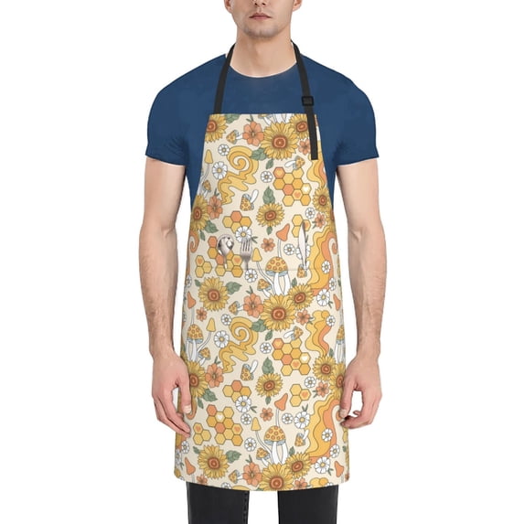 Picia Groovy Hippie Flower Mushrooms Waterproof Apron for Unisex Adult - Adjustable Bib Apron with Pockets, Ideal for Cooking, Gardening, Painting, and Household Chores