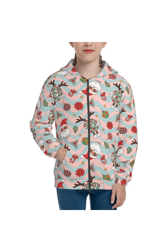 Groovy Retro Santa for Boys Fashion Full-zip Hoodies & Sweatshirts with Kangaroo Pocket,Zip-up Hooded Sweatshirt for Kid, Moisture Wicking & Breathable-Small