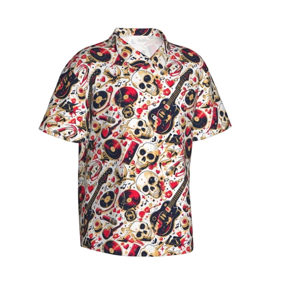 Picia Guitar Skull rock Gentle Cotton Regular Fit Short Sleeve Casual Hawaiian Shirt for Men-X-Large