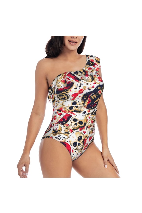Guitar Skull rock Pattern Women's One Piece Swimsuits,One Shoulder Swimwear Asymmetric ,Ruffle Monokinis Bathing Suits,High Waisted Flattering Bathing Suits-Large