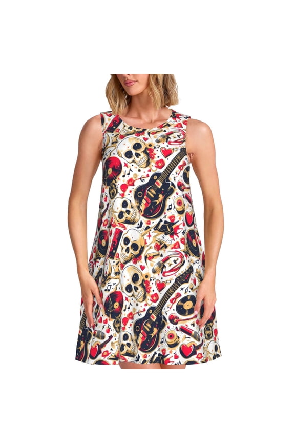 Guitar Skull rock Print Women’s Sleeveless Midi Swing Dress – A-Line Pleated Tank Sundress, Comfortable and Flowy T-Shirt Dress