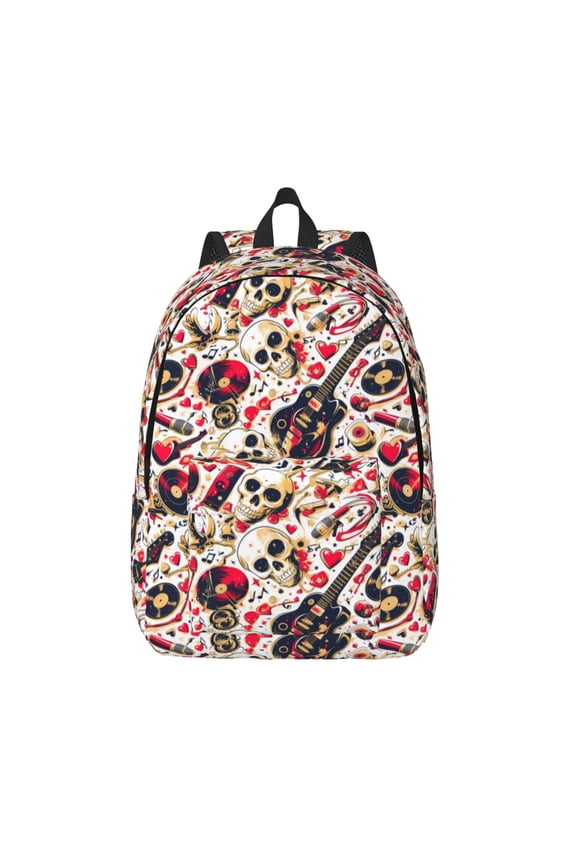 Guitar Skull rock Printed Canvas Daypack - Stylish and Durable Vintage Compact Backpack - Class, Work, Travel, or Laptop Bookbag,Organized Compartments-Medium
