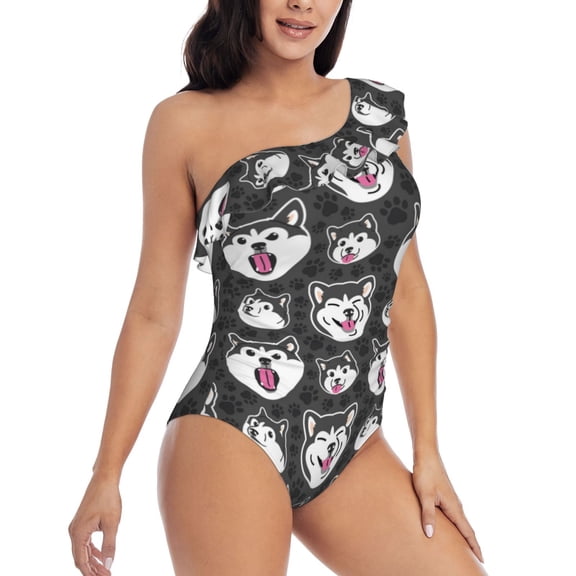 Picia HUSKY Face Pattern Women's One Piece Swimsuits,One Shoulder Swimwear Asymmetric ,Ruffle Monokinis Bathing Suits,High Waisted Flattering Bathing Suits-Large