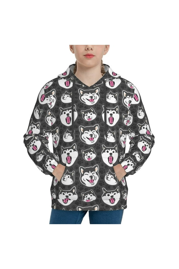 HUSKY Face Pattern Youth Hoodie - Warm Pullover Sweatshirt with Kangaroo Pocket, Ideal for Boys and Girls-X-Large