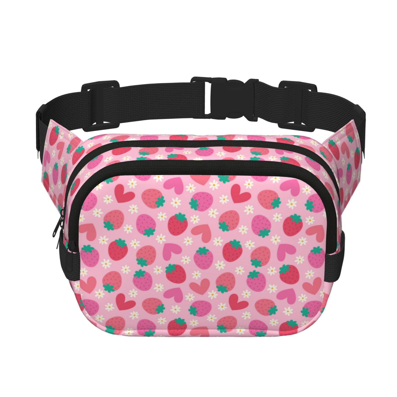 Picia Haear Strawberry Print Square Double-Layer Waist Bag Mini Adjustable Waist Belt Bag Exercise Running Travel Hiking
