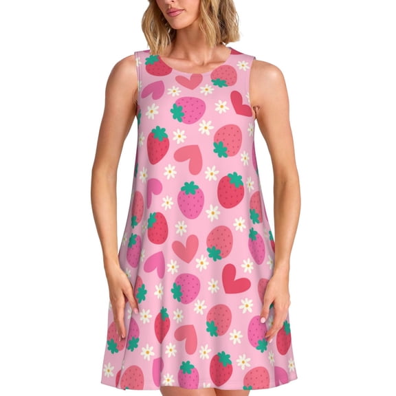 Picia Haear Strawberry Print Women’s Sleeveless Midi Swing Dress – A-Line Pleated Tank Sundress, Comfortable and Flowy T-Shirt Dress