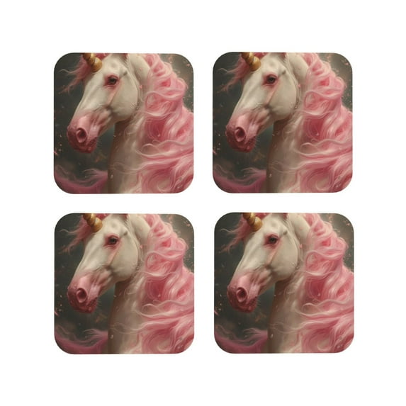 Picia Haired White Horse Printed Leather Coasters for Drinks, 4" Drink Coasters Set of 4 for Tabletop Protection, Handmade Luxurious Home Décor and Housewarming Gift -Square