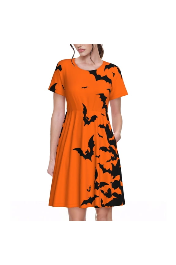 Halloween Bats Pattern Women's Short Sleeve Summer Dress Pleated Loose Swing Knee Length Short Sleeve Swing Dresses