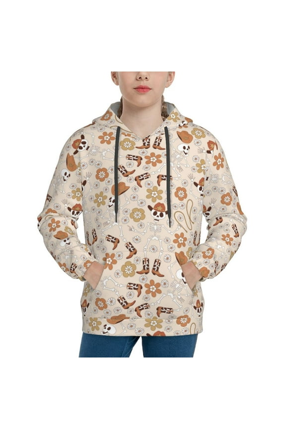 Halloween Dancing Cowboy Skeleton Pattern Youth Hoodie - Warm Pullover Sweatshirt with Kangaroo Pocket, Ideal for Boys and Girls-X-Large