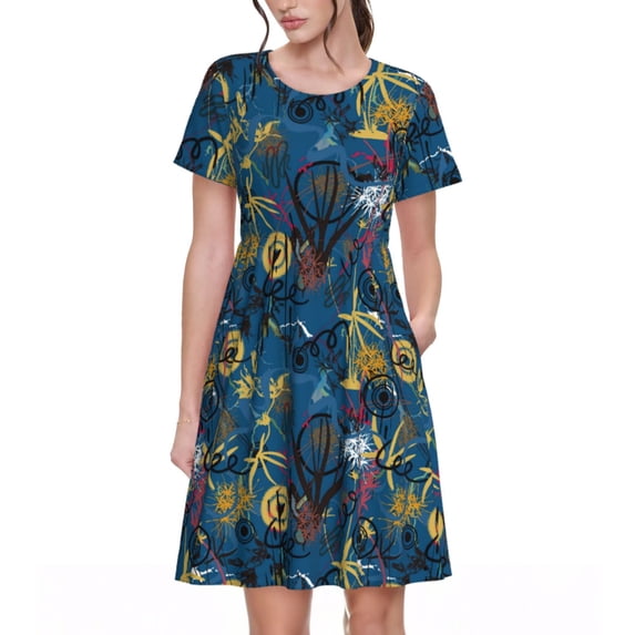 Picia Halloween Elements Pattern Women's Short Sleeve Summer Dress Pleated Loose Swing Knee Length Short Sleeve Swing Dresses