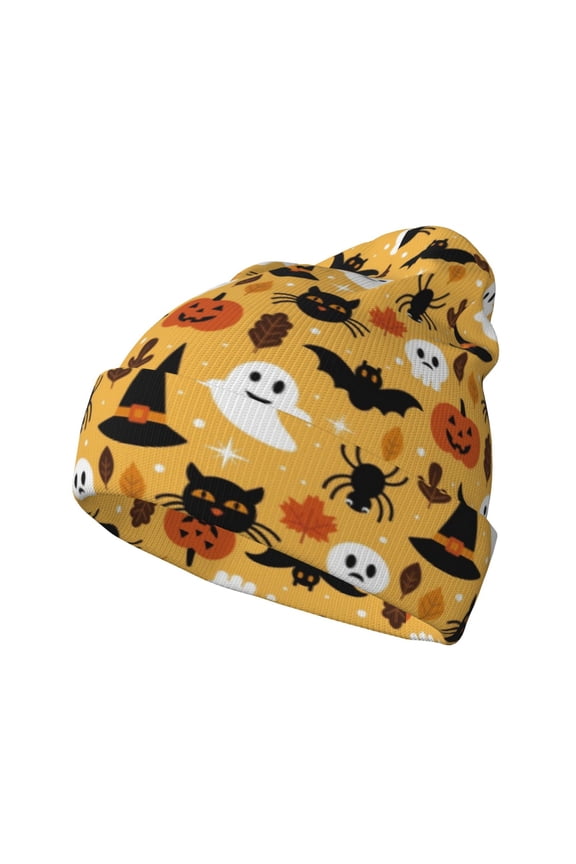 Halloween Ghost Pumpkin Pattern Knitted Beanie Hat for Men and Women , Unisex Winter Warm Stretchy Knit Cap Thick Fisherman Beanies Cuffed Plain Skull Caps