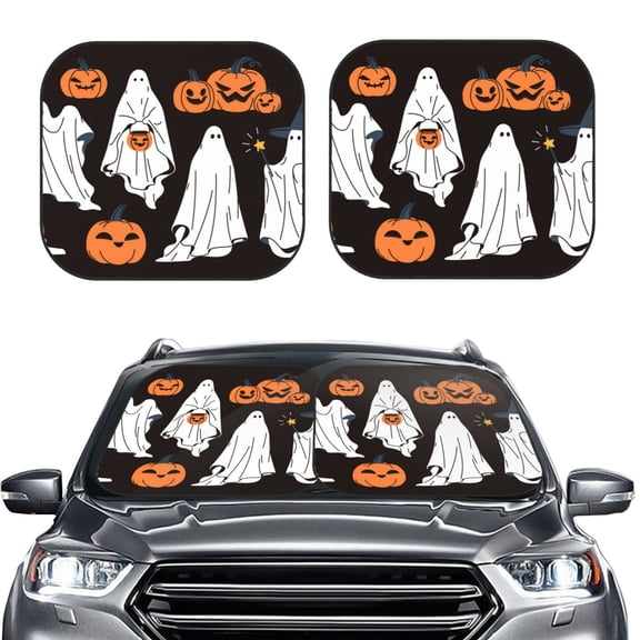 Picia Halloween Ghosts And Pumpkins 2 Piece Car Windshield Sun Shade Foldable | Foldable Sun Shield for Front Window Blocks UV Rays and Keeps Your Vehicle Cool-Large