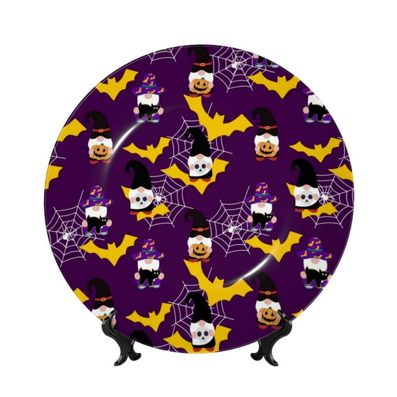 Picia Halloween Gnomes1 Pattern Bone China Decorative Plate – Wall Decor with Stand and Adhesive, Elegant Ornament for Living Room, Office, or Entryway-10in