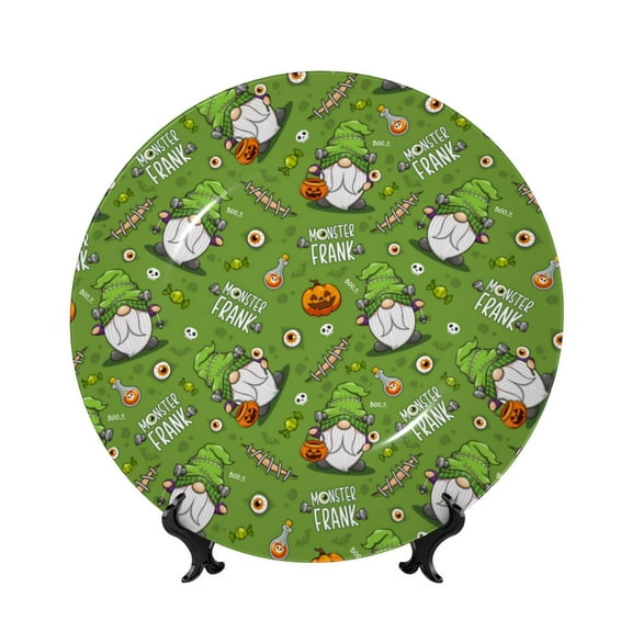 Picia Halloween Monster Gnome Pattern Bone China Decorative Plate – Wall Decor with Stand and Adhesive, Elegant Ornament for Living Room, Office, or Entryway-8in
