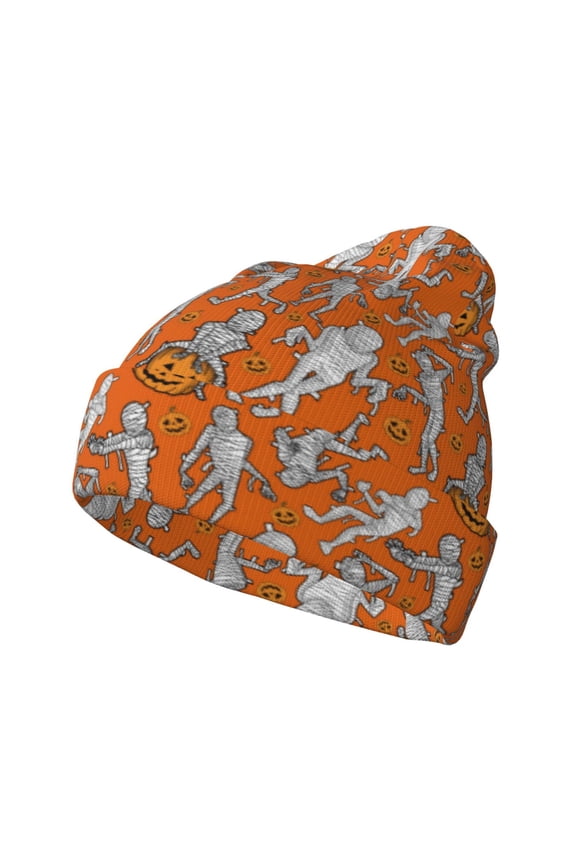 Halloween Mummy Pattern Knitted Beanie Hat for Men and Women , Unisex Winter Warm Stretchy Knit Cap Thick Fisherman Beanies Cuffed Plain Skull Caps
