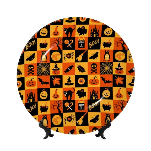 Picia Halloween Pattern Bone China Decorative Plate – Wall Decor with Stand and Adhesive, Elegant Ornament for Living Room, Office, or Entryway-6in