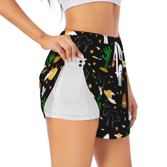 Picia Halloween Pattern Women's 2 in 1 Athletic Running Shorts High Waisted Workout Casual Gym Sweat Shorts with Comfy Liner Zipper Pockets-X-Large