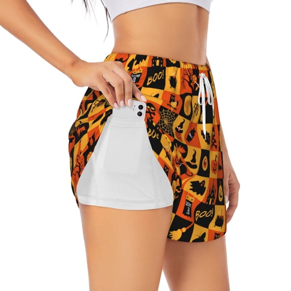 Picia Halloween Pattern Women's 2 in 1 Athletic Running Shorts High Waisted Workout Casual Gym Sweat Shorts with Comfy Liner Zipper Pockets-XX-Large