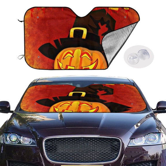 Picia Halloween Pumpkin Curved Windshield Sunshade Accordion Folding Style Auto Shade for Car Truck SUV Van Blocks UV Ray Sun Visor Protector -Small