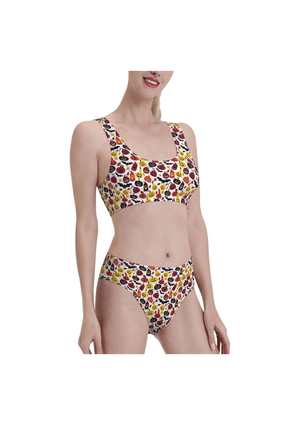 Halloween Pumpkin Women's High Waisted Bikini Scoop Neck Swimsuit Two Pieces Bathing Suit-Small