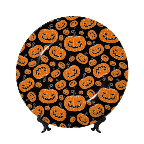 Picia Halloween Pumpkins Pattern Bone China Decorative Plate – Wall Decor with Stand and Adhesive, Elegant Ornament for Living Room, Office, or Entryway-7in