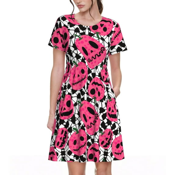 Picia Halloween Pumpkins Pattern Women's Short Sleeve Summer Dress Pleated Loose Swing Knee Length Short Sleeve Swing Dresses