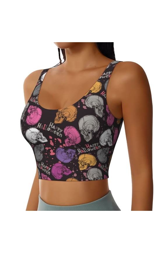Halloween Skeleton Sports Bra for Women,Padded Strappy Sports Bras Medium Support Yoga Bra with Removable Cups,Running Yoga Bra-Large