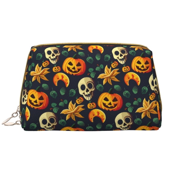 Picia Halloween Skull Print Leather Makeup Bag Make Up Bag Travel Toiletry Bag for Her Girlfriend Teacher Teen Girl Gifts