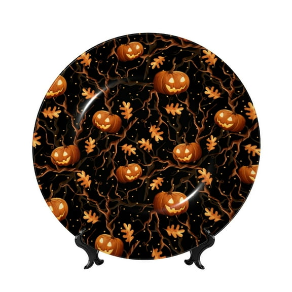 Picia Halloween With Pumpkins Pattern Bone China Decorative Plate – Wall Decor with Stand and Adhesive, Elegant Ornament for Living Room, Office, or Entryway-7in
