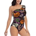 thumbnail image 1 of Picia Halloween With Skull Pattern Women's One Piece Swimsuits,One Shoulder Swimwear Asymmetric ,Ruffle Monokinis Bathing Suits,High Waisted Flattering Bathing Suits-X-Large, 1 of 8