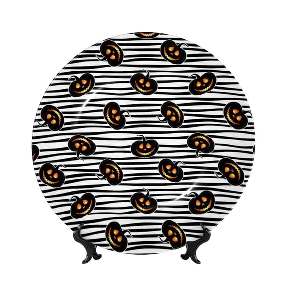 Picia Haloween Pumpkins Pattern Bone China Decorative Plate – Wall Decor with Stand and Adhesive, Elegant Ornament for Living Room, Office, or Entryway-10in