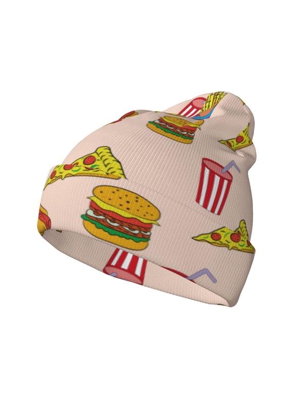 Hamburger Pizza Coke Pattern Knitted Beanie Hat for Men and Women , Unisex Winter Warm Stretchy Knit Cap Thick Fisherman Beanies Cuffed Plain Skull Caps