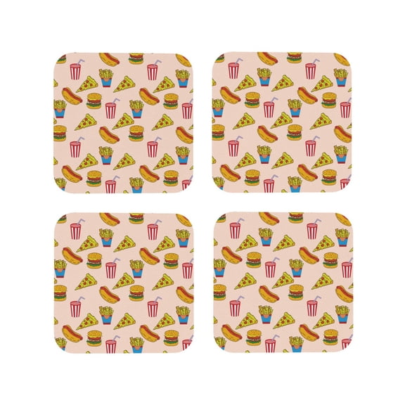 Picia Hamburger Pizza Coke Printed Leather Coasters for Drinks, 4" Drink Coasters Set of 4 for Tabletop Protection, Handmade Luxurious Home Décor and Housewarming Gift -Square