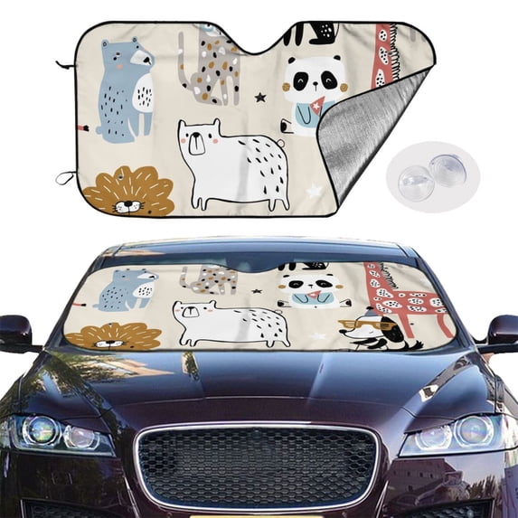 Picia Hand Drawn Animals Curved Windshield Sunshade Accordion Folding Style Auto Shade for Car Truck SUV Van Blocks UV Ray Sun Visor Protector -