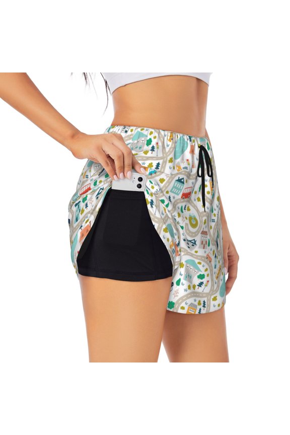 Hand Drawn Cars Trucks Buses And Roads Pattern Women's 2 in 1 Athletic Running Shorts High Waisted Workout Casual Gym Sweat Shorts with Comfy Liner Zipper Pockets-Small
