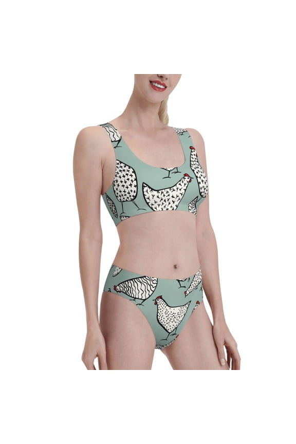 Hand Drawn Chickens Women's High Waisted Bikini Scoop Neck Swimsuit Two Pieces Bathing Suit-Medium