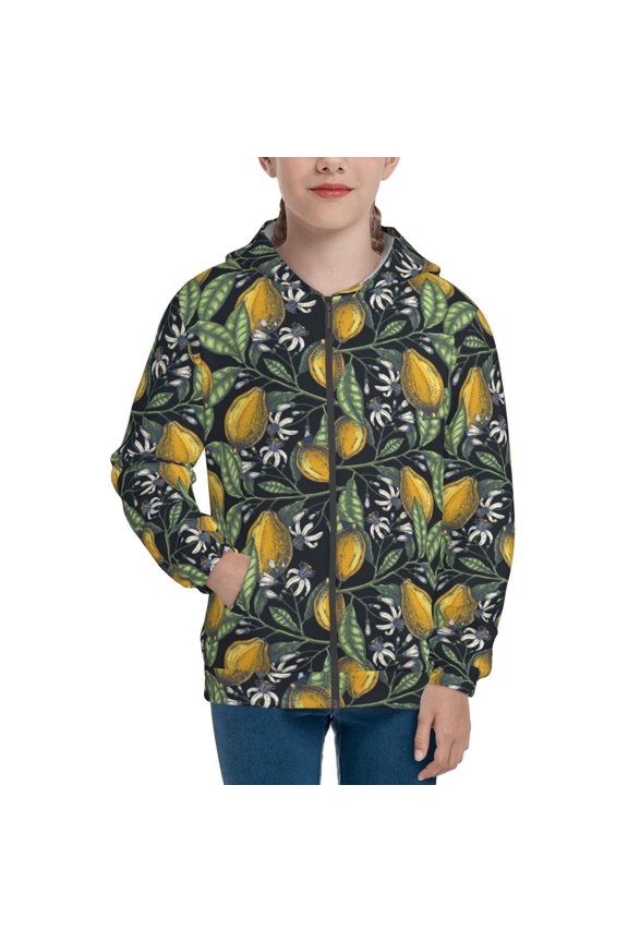 Hand Drawn Citrus Fruits Elegant Lemons for Boys Fashion Full-zip Hoodies & Sweatshirts with Kangaroo Pocket,Zip-up Hooded Sweatshirt for Kid, Moisture Wicking & Breathable-Medium