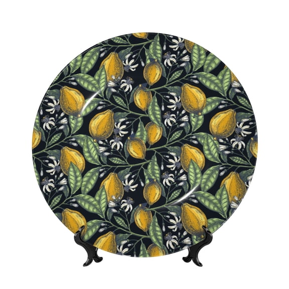 Picia Hand Drawn Citrus Fruits Elegant Lemons Pattern Bone China Decorative Plate – Wall Decor with Stand and Adhesive, Elegant Ornament for Living Room, Office, or Entryway-8in