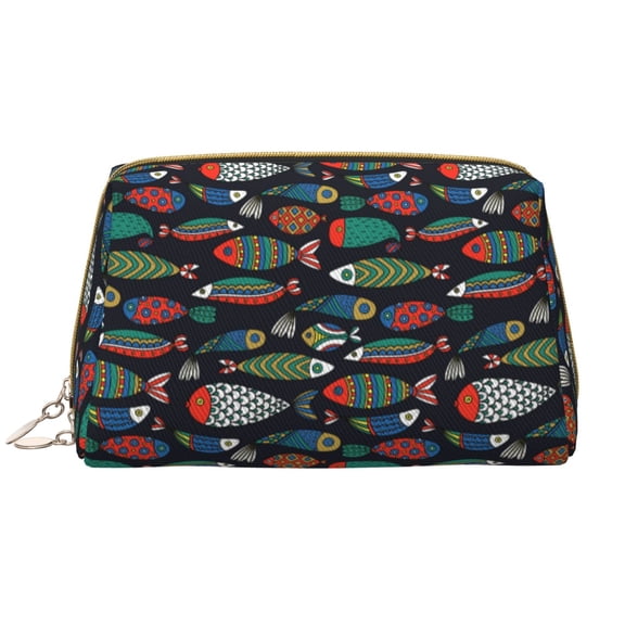 Picia Hand Drawn Colorful Fishes Print Leather Makeup Bag Make Up Bag Travel Toiletry Bag for Her Girlfriend Teacher Teen Girl Gifts