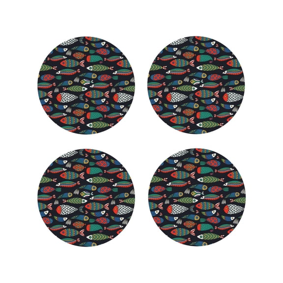 Picia Hand Drawn Colorful Fishes Printed Leather Coasters for Drinks, 4" Drink Coasters Set of 4 for Tabletop Protection, Handmade Luxurious Home Décor and Housewarming Gift -Round Shape